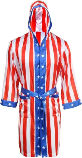 AMNPOLEN Adult Men Satin American Flag Boxing Costume Robe Cloak With Hood