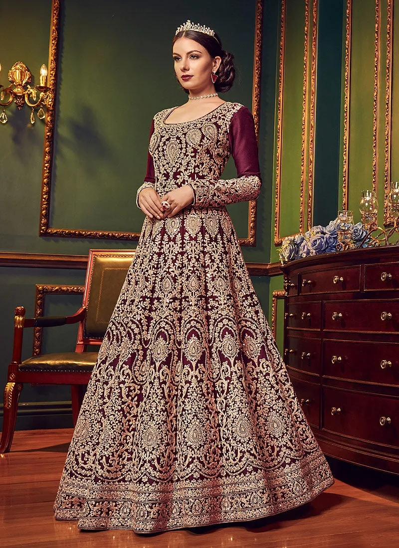 Burgundy All Over Traditional Embroidered Designer Anarkali Suit
