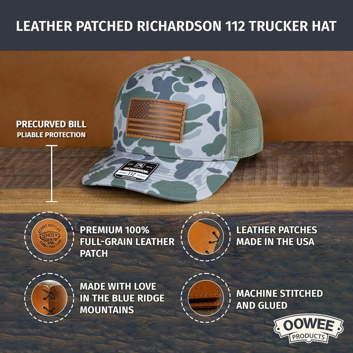 Leather Patch Hat for Men - Richardson 112 Trucker Hat w/Full-Grain Leather Patch, Laser-Engraved, Machine-Stitched