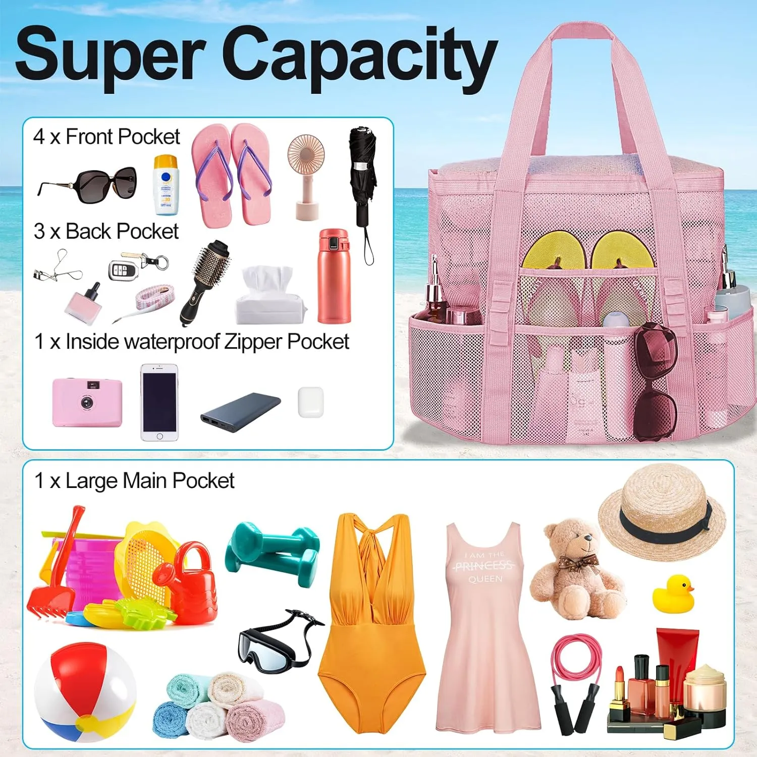 Mesh Beach Bags for Women - Plus Waterproof Sandproof Tote Bag
