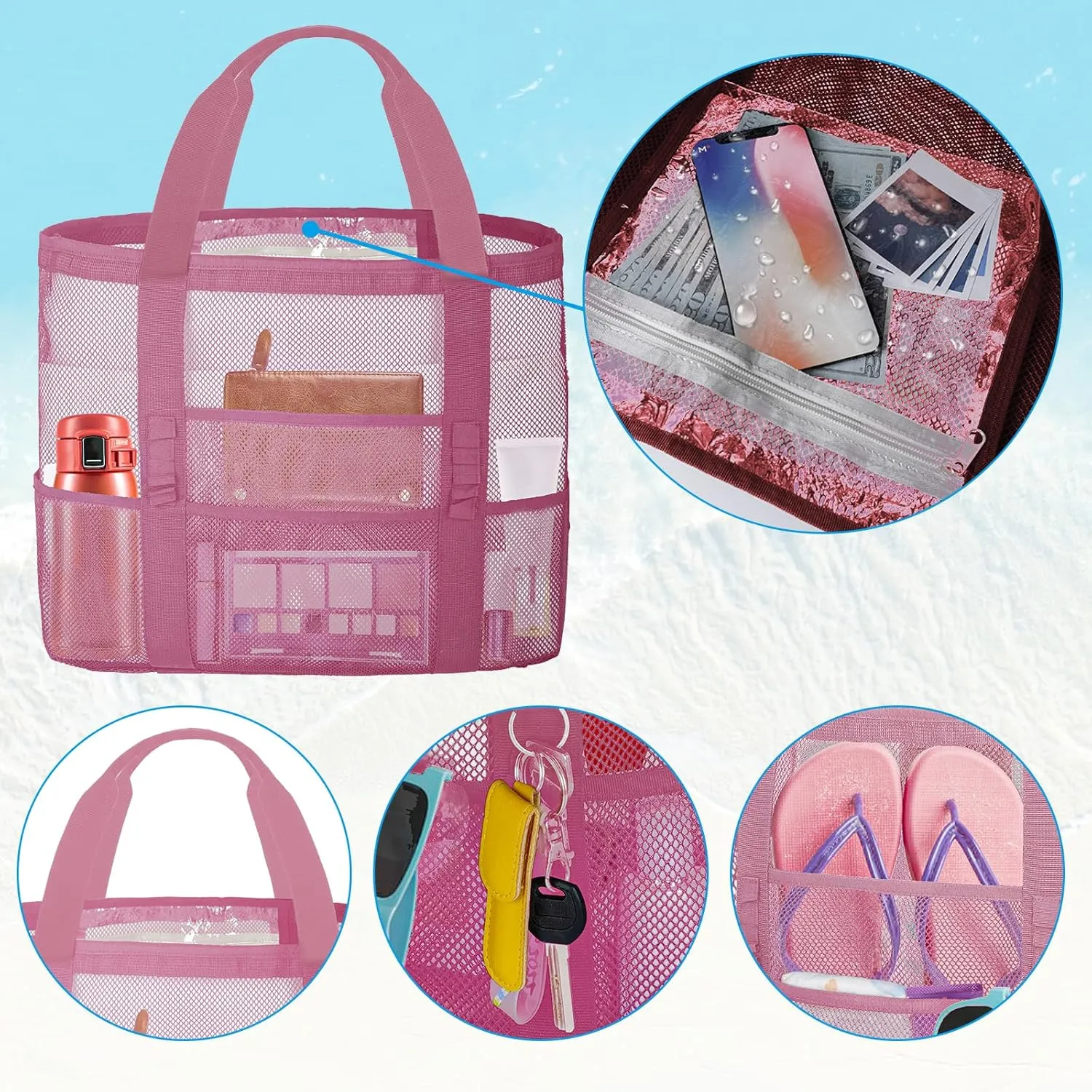 Mesh Beach Bags for Women - Plus Waterproof Sandproof Tote Bag