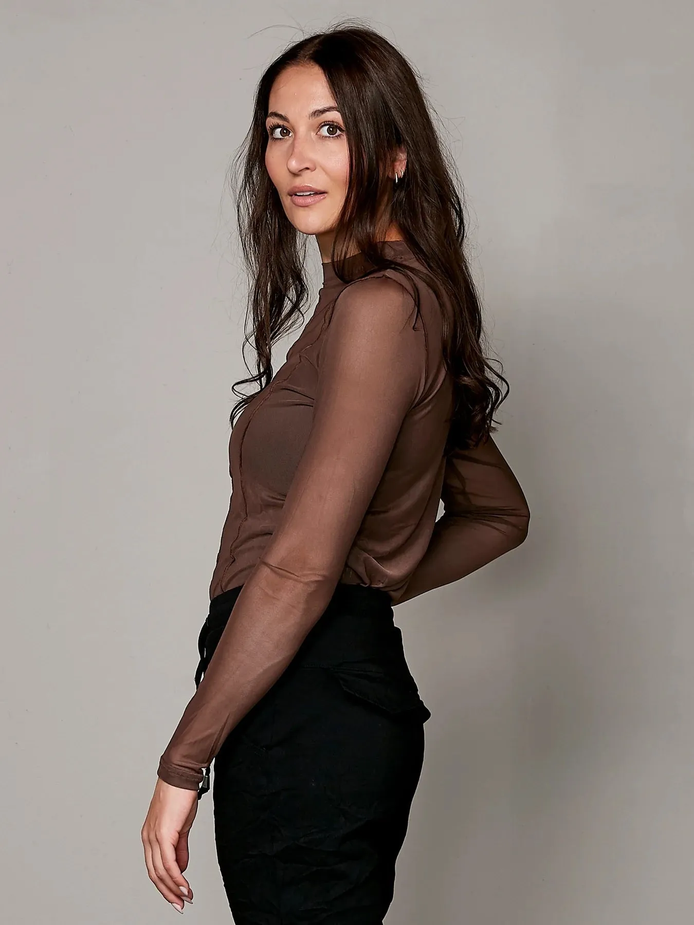 Mesh Long Sleeve Top - Dark Brown