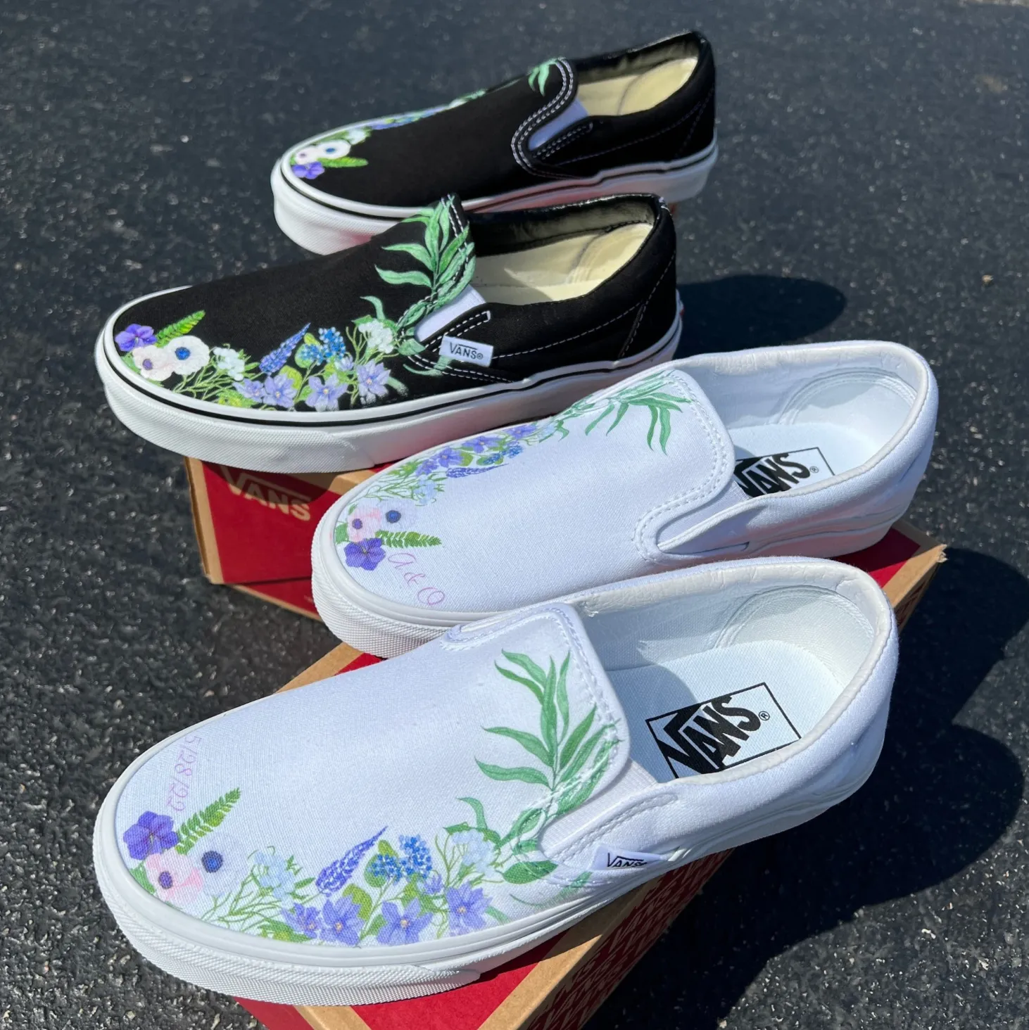 Purple Lavender Flower - Wedding Custom Slip On Vans Bridal Shoes Wedding Sneakers Wedding Shoes for Bride Brides Maids Maid of Honor Floral White