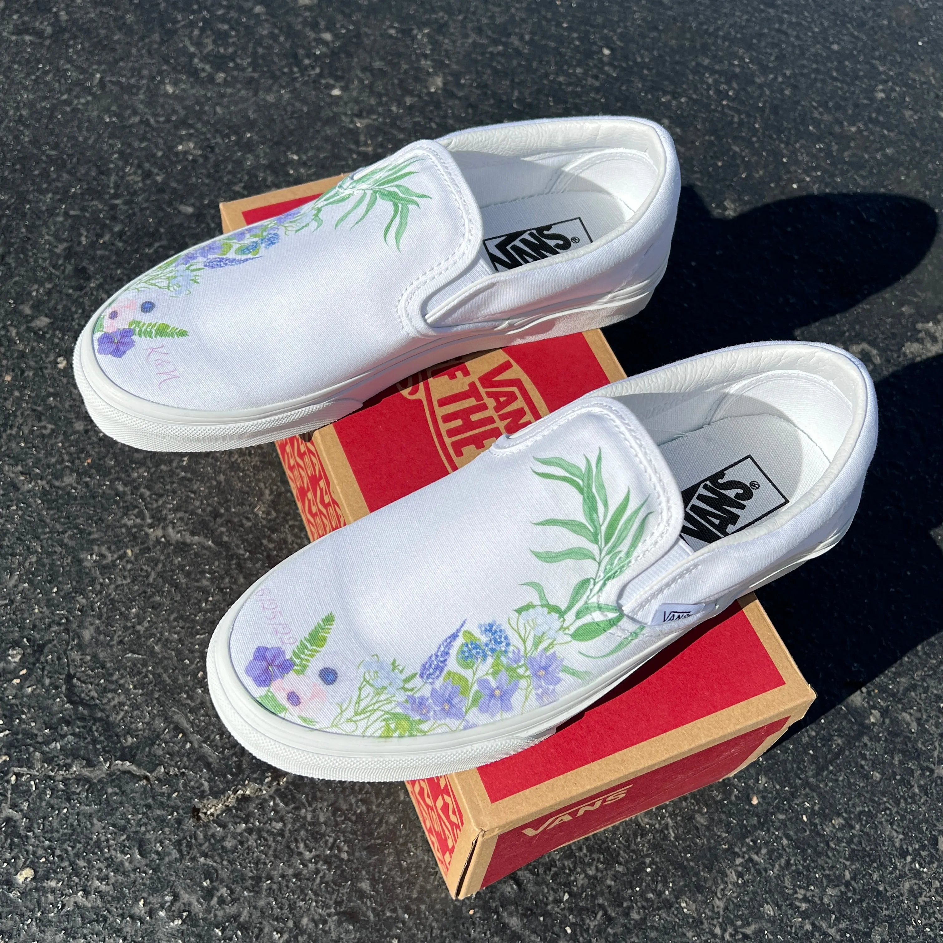 Purple Lavender Flower - Wedding Custom Slip On Vans Bridal Shoes Wedding Sneakers Wedding Shoes for Bride Brides Maids Maid of Honor Floral White