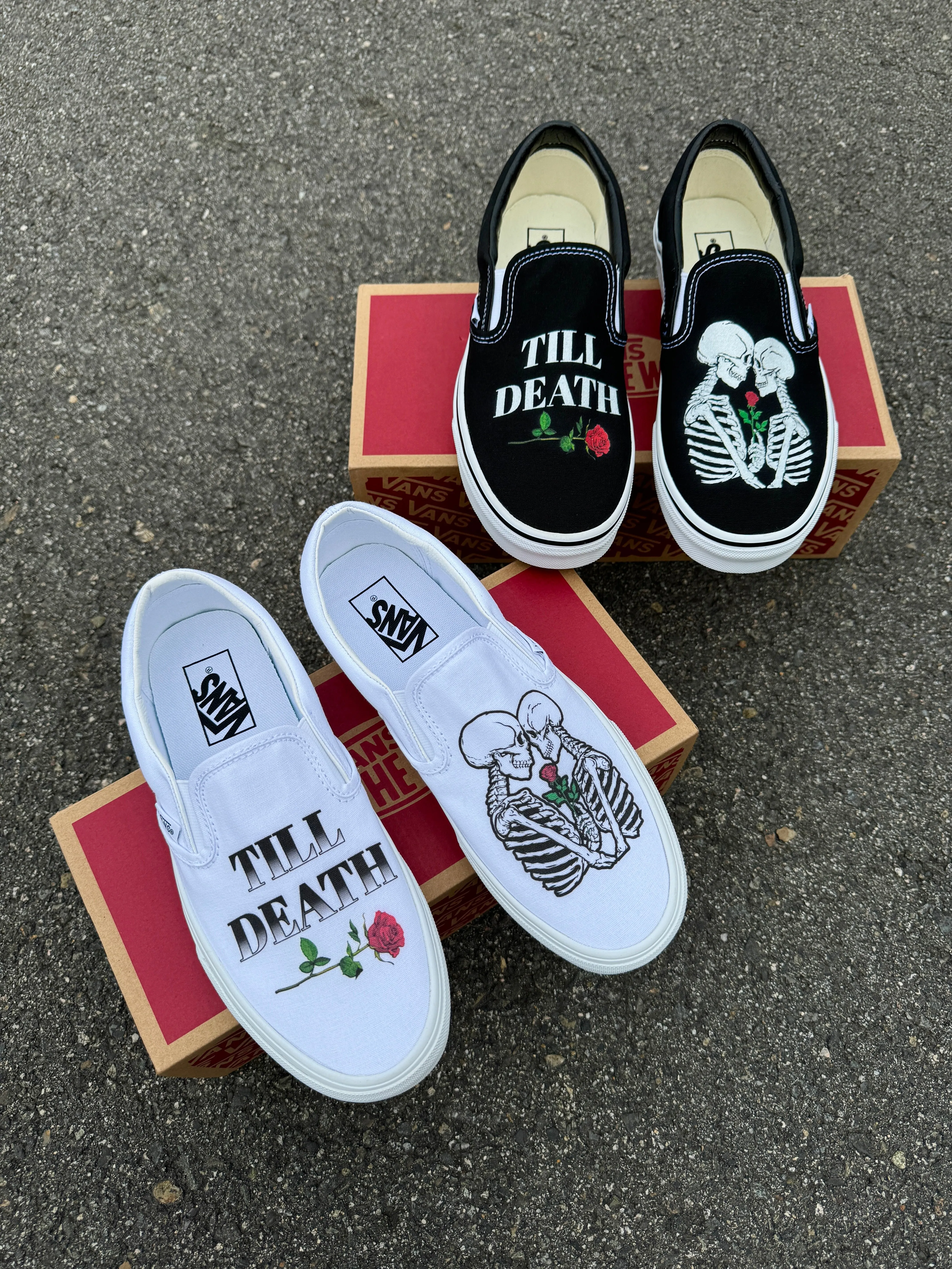 Till Death Kissing Skeletons Wedding Vans Slip On Shoes - Men's and Women's Custom Vans Sneakers