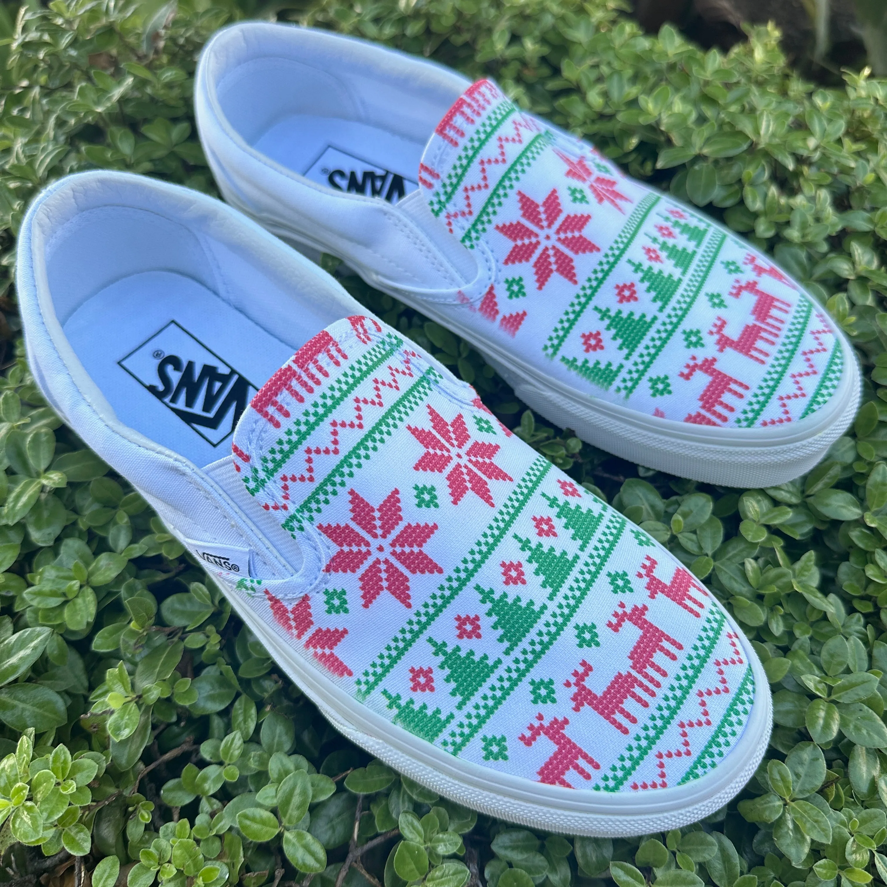 Ugly Christmas Sweater Print Holiday Season Custom White Slip On Vans