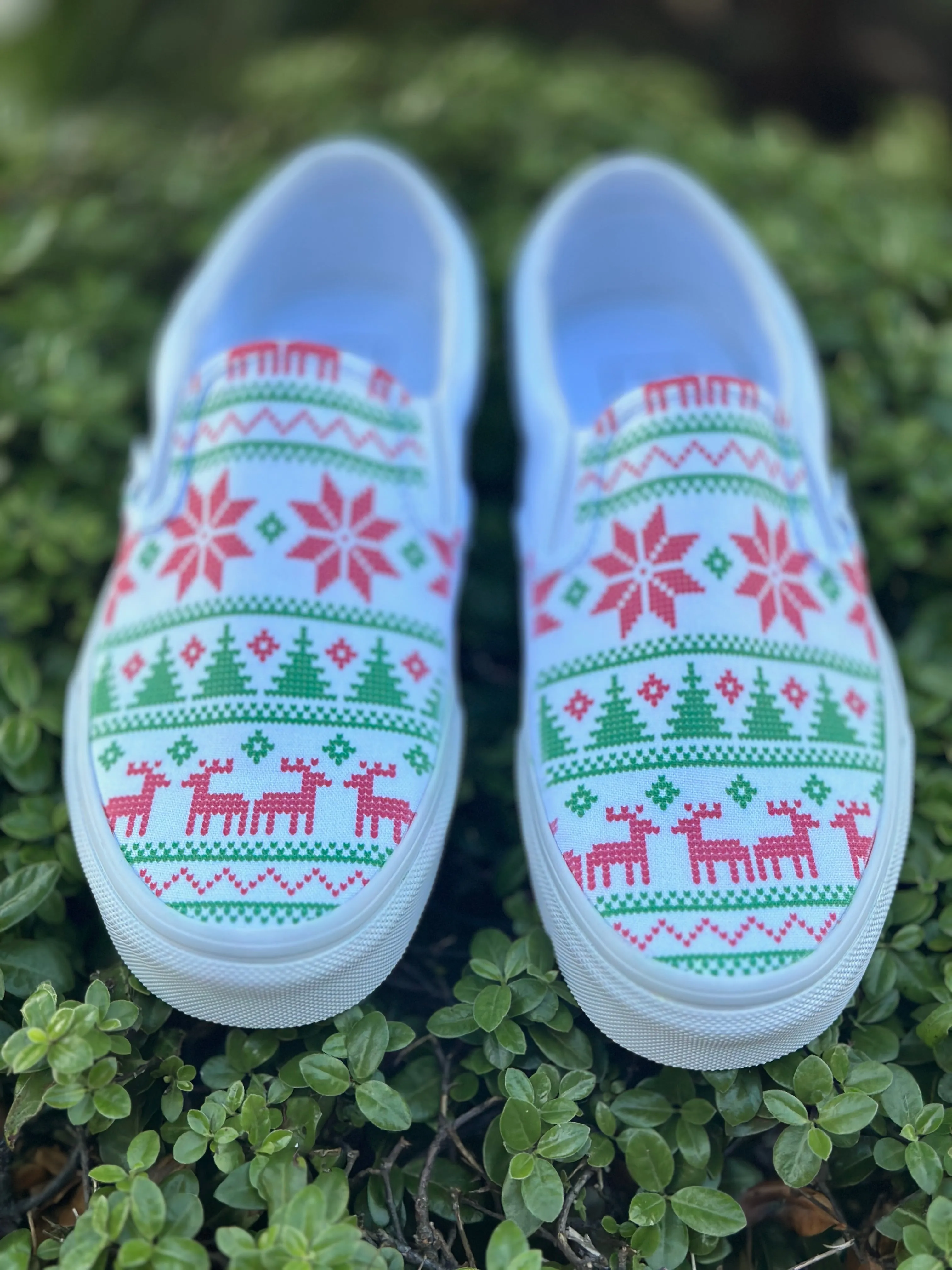 Ugly Christmas Sweater Print Holiday Season Custom White Slip On Vans