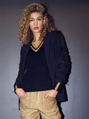 Vian Ruched Sleeve Blazer - Black