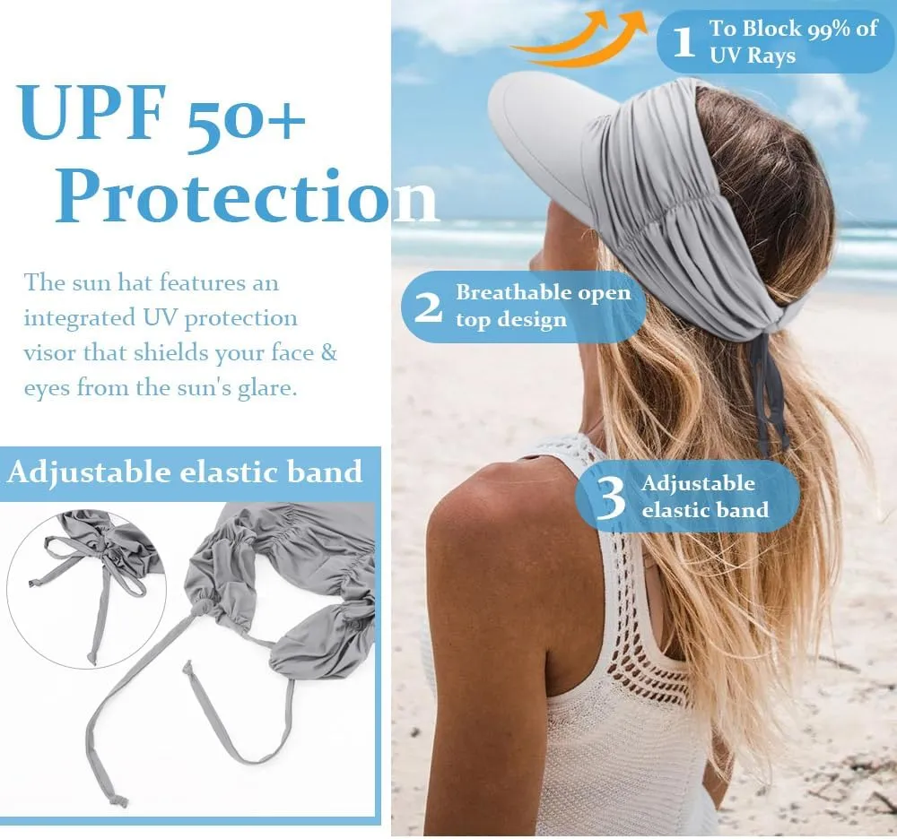 Women Visor Sun Hat Adjustable Foldable Wide Brim Sun Hats Summer UPF 50  UV Protection Visor Cap for Outdoor Beach